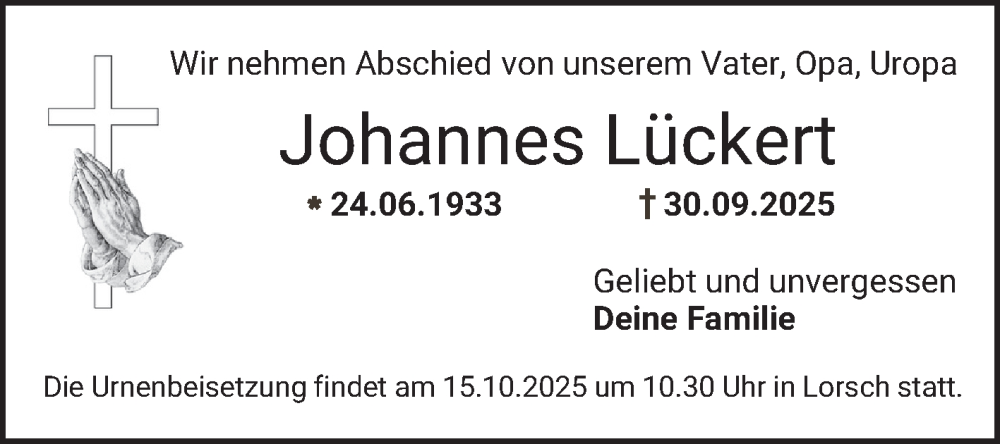  Traueranzeige für Johannes Lückert vom 04.10.2025 aus Bergsträßer Anzeiger