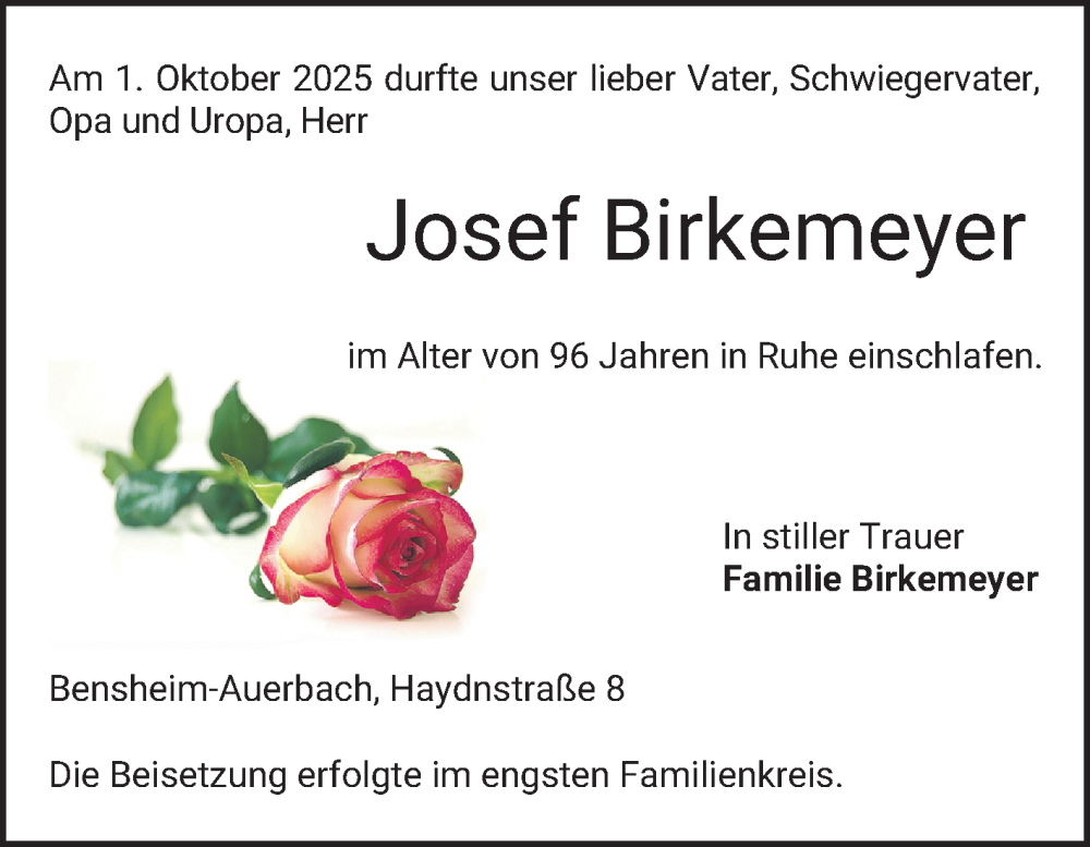  Traueranzeige für Josef Birkemeyer vom 18.10.2025 aus Bergsträßer Anzeiger