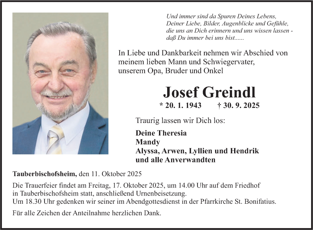  Traueranzeige für Josef Greindl vom 11.10.2025 aus Fränkische Nachrichten