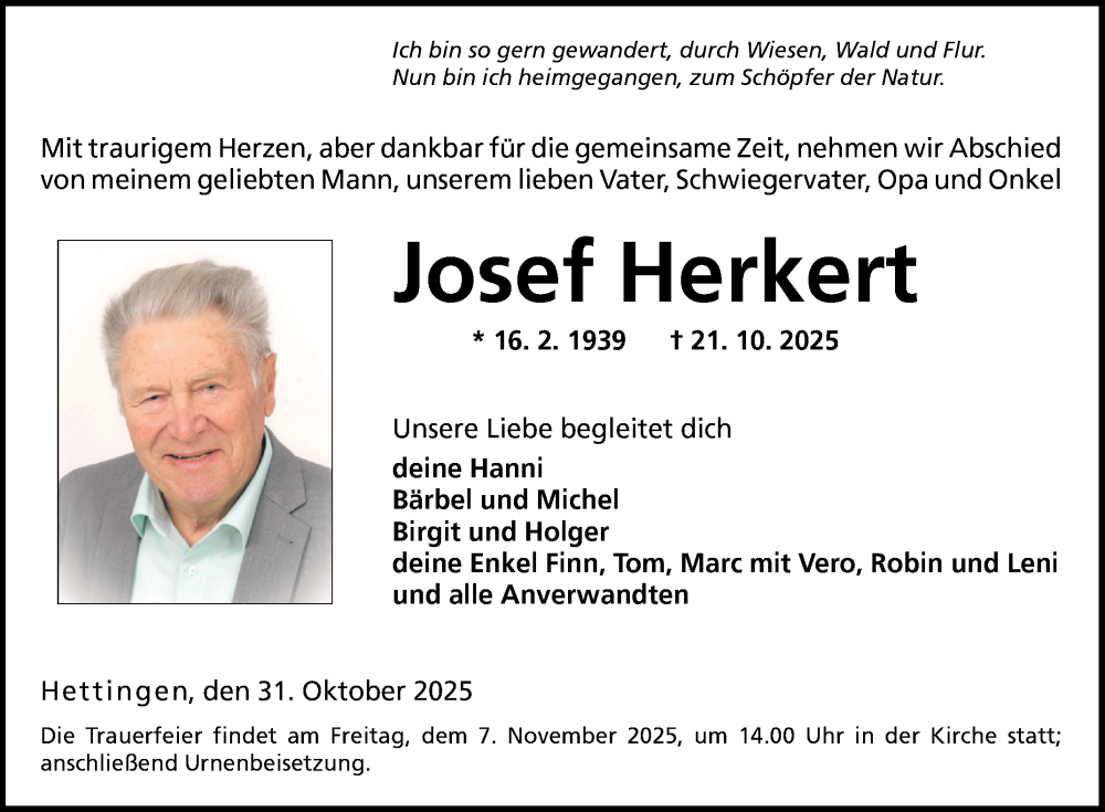  Traueranzeige für Josef Herkert vom 31.10.2025 aus Fränkische Nachrichten