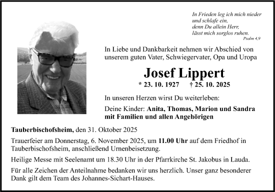 Traueranzeige von Josef Lippert von Fränkische Nachrichten