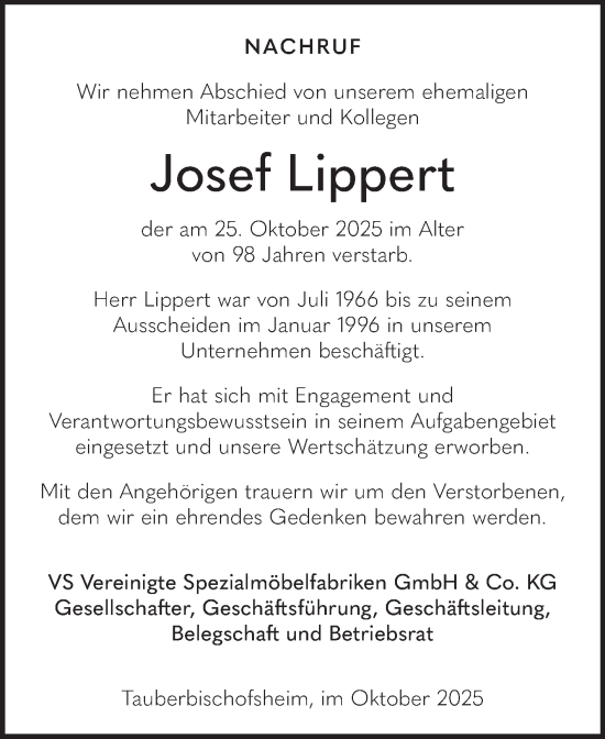 Traueranzeige von Josef Lippert von Fränkische Nachrichten