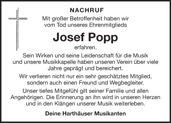 Traueranzeige von Josef Popp von Fränkische Nachrichten