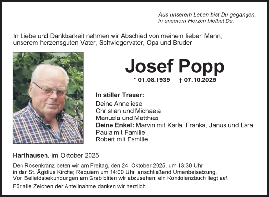 Traueranzeige von Josef Popp von Fränkische Nachrichten