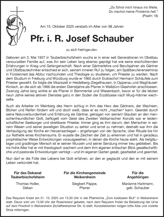 Traueranzeige von Josef Schauber von Fränkische Nachrichten