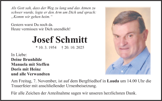 Traueranzeige von Josef Schmitt von Fränkische Nachrichten