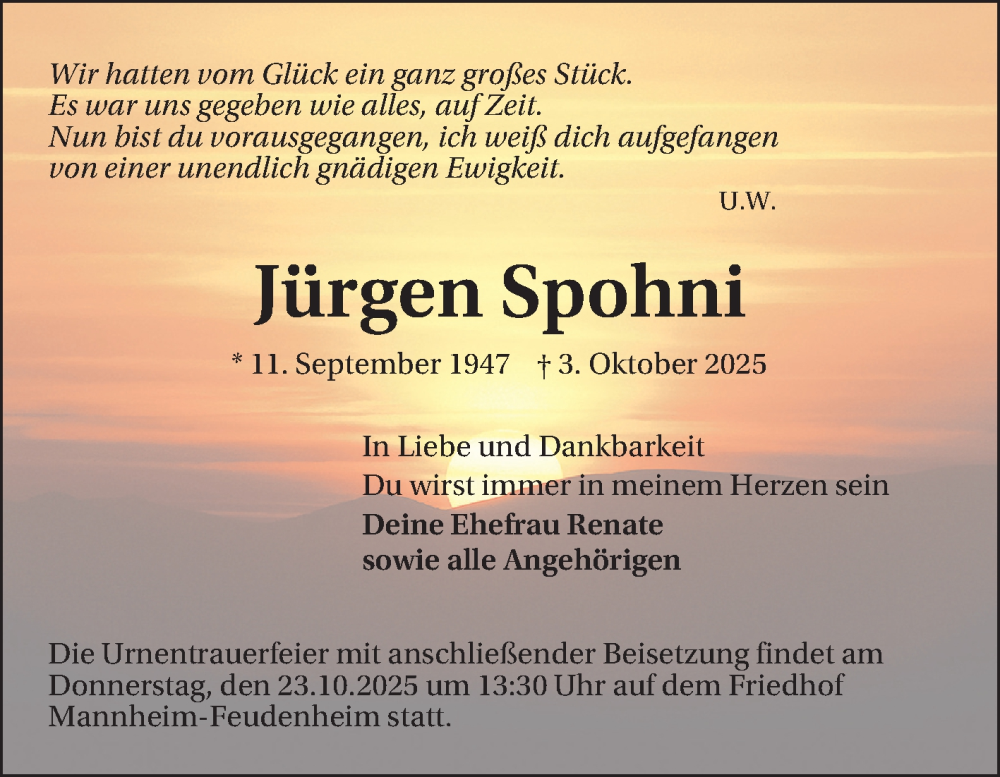  Traueranzeige für Jürgen Spohni vom 18.10.2025 aus Mannheimer Morgen