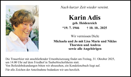 Traueranzeige von Karin Adis von Fränkische Nachrichten