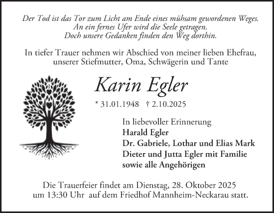 Traueranzeige von Karin Egler von Mannheimer Morgen