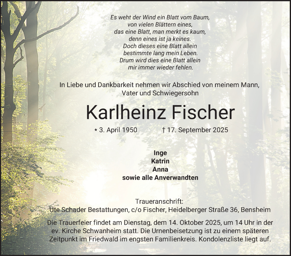  Traueranzeige für Karlheinz Fischer vom 11.10.2025 aus Bergsträßer Anzeiger
