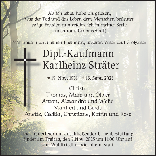 Traueranzeige von Karlheinz Sträter von Mannheimer Morgen