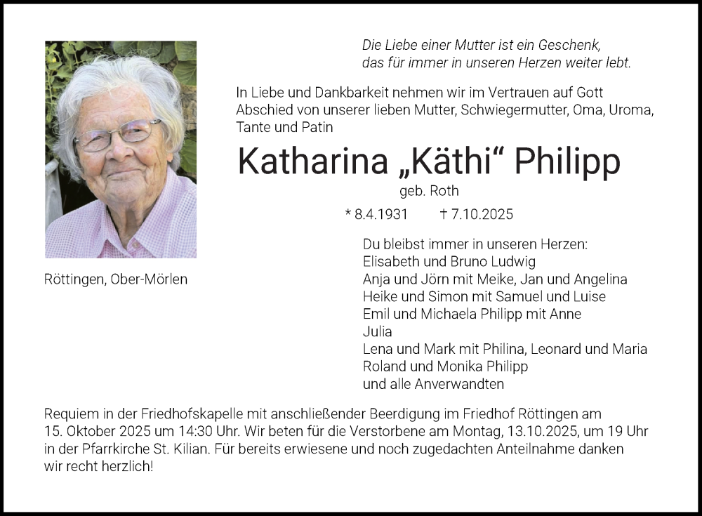  Traueranzeige für Katharina Philipp vom 11.10.2025 aus Fränkische Nachrichten