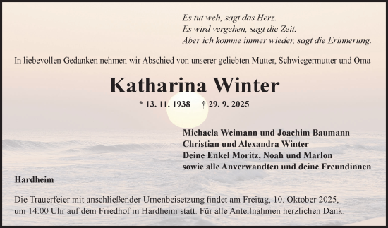 Traueranzeige von Katharina Winter von Fränkische Nachrichten