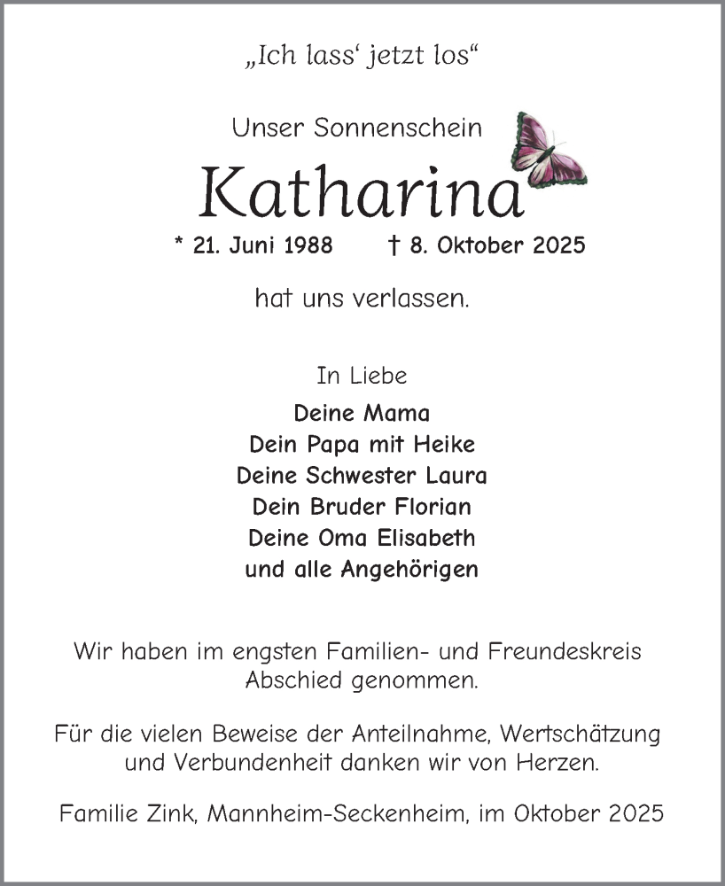  Traueranzeige für Katharina Zink vom 25.10.2025 aus Mannheimer Morgen