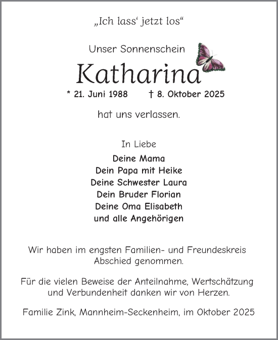 Traueranzeige von Katharina Zink von Mannheimer Morgen