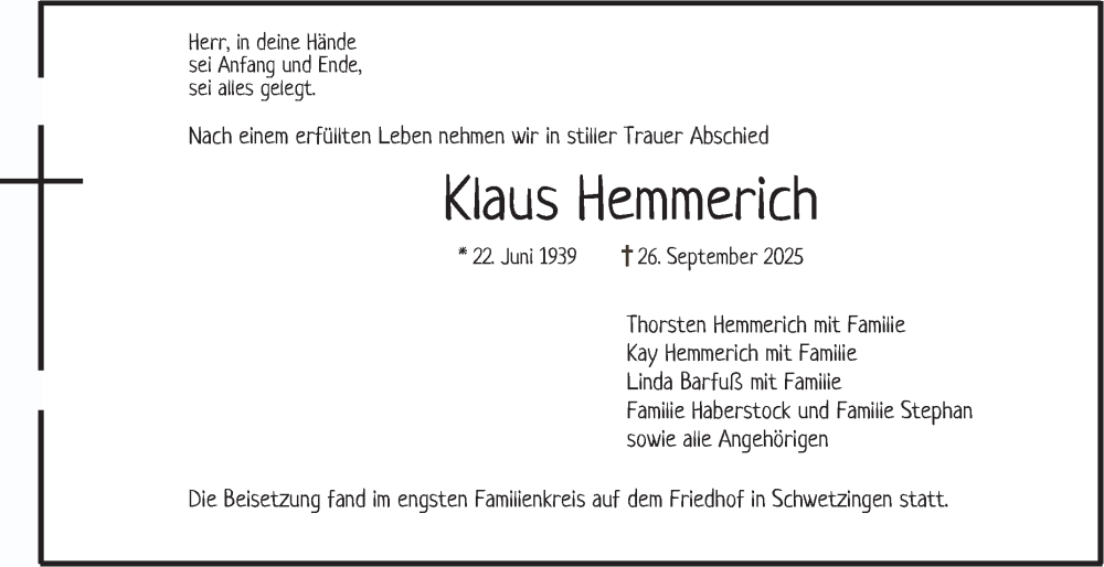  Traueranzeige für Klaus Hemmerich vom 11.10.2025 aus Schwetzinger Zeitung