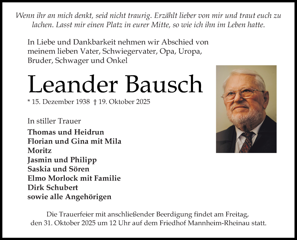  Traueranzeige für Leander Bausch vom 25.10.2025 aus Mannheimer Morgen