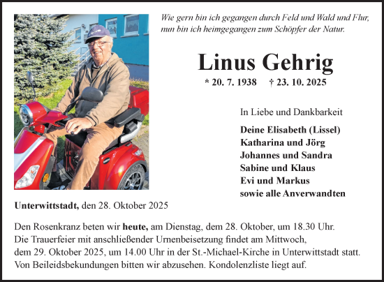 Traueranzeige von Linus Gehrig von Fränkische Nachrichten