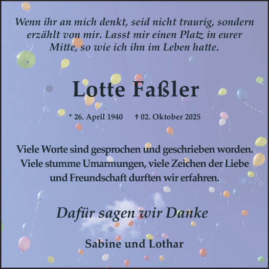 Traueranzeige von Lotte Faßler von Mannheimer Morgen