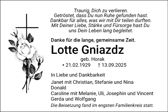 Traueranzeige von Lotte Gniazdz von Mannheimer Morgen