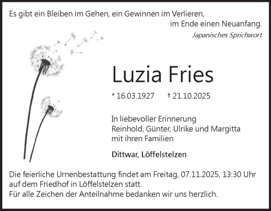 Traueranzeige von Luzia Fries von Fränkische Nachrichten