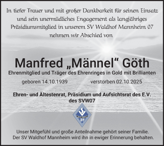 Traueranzeige von Manfred Göth von Mannheimer Morgen