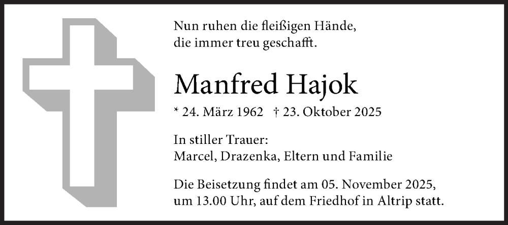 Traueranzeige für Manfred Hajok vom 31.10.2025 aus Mannheimer Morgen