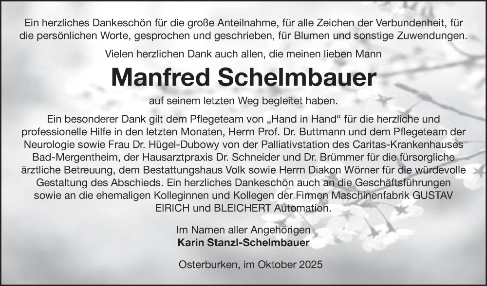  Traueranzeige für Manfred Schelmbauer vom 24.10.2025 aus Fränkische Nachrichten
