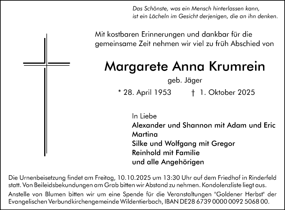  Traueranzeige für Margarete Anna Krumrein vom 08.10.2025 aus Fränkische Nachrichten