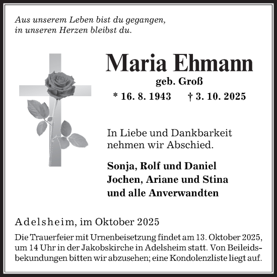 Traueranzeige von Maria Ehmann von Fränkische Nachrichten