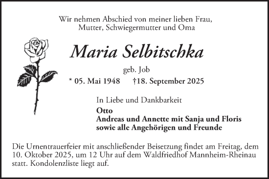 Traueranzeige von Maria Selbitschka von Mannheimer Morgen