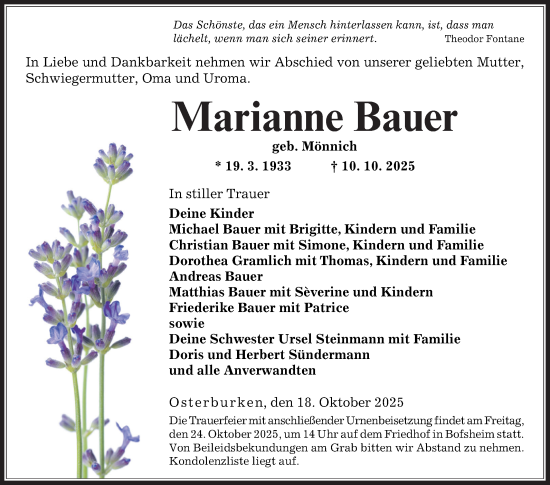 Traueranzeige von Marianne Bauer von Fränkische Nachrichten