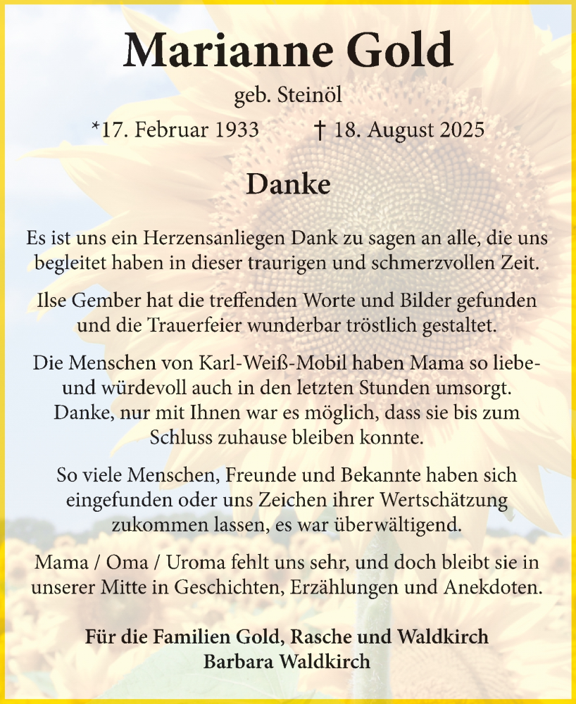 Traueranzeige für Marianne Gold vom 04.10.2025 aus Mannheimer Morgen