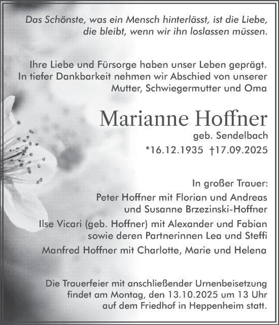 Traueranzeige von Marianne Hoffner von Bergsträßer Anzeiger