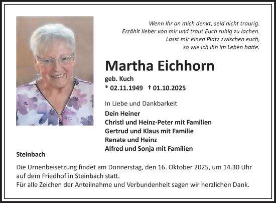 Traueranzeige von Martha Eichhorn von Fränkische Nachrichten