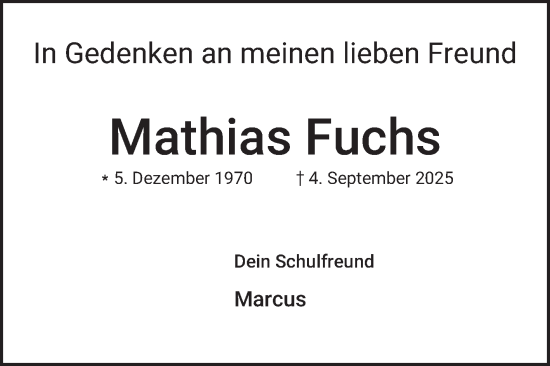 Traueranzeige von Mathias Fuchs von Mannheimer Morgen