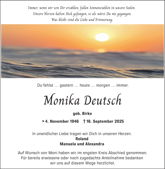 Traueranzeige von Monika Deutsch von Schwetzinger Zeitung
