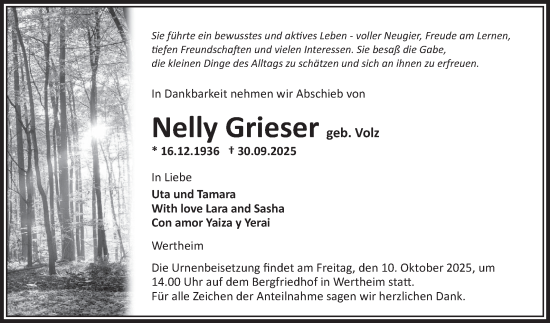 Traueranzeige von Nelly Grieser von Fränkische Nachrichten