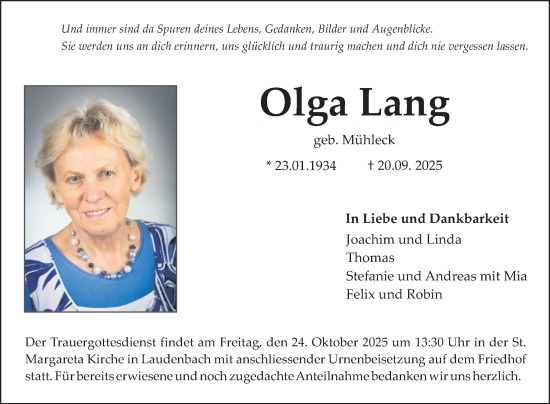 Traueranzeige von Olga Lang von Fränkische Nachrichten