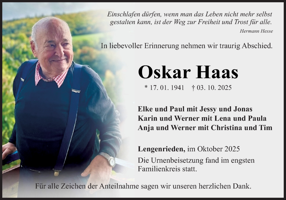  Traueranzeige für Oskar Haas vom 18.10.2025 aus Fränkische Nachrichten