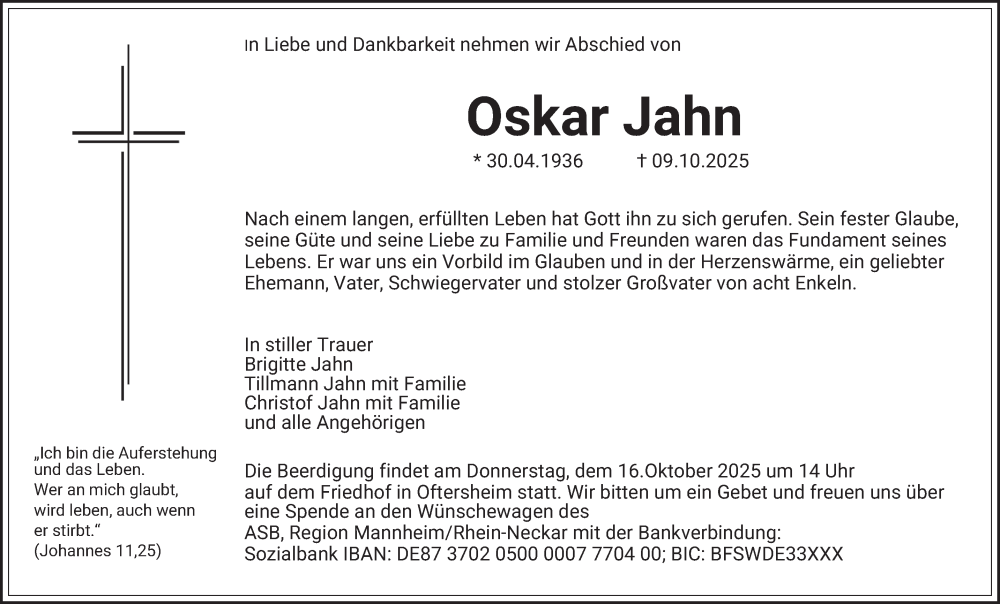  Traueranzeige für Oskar Jahn vom 11.10.2025 aus Schwetzinger Zeitung