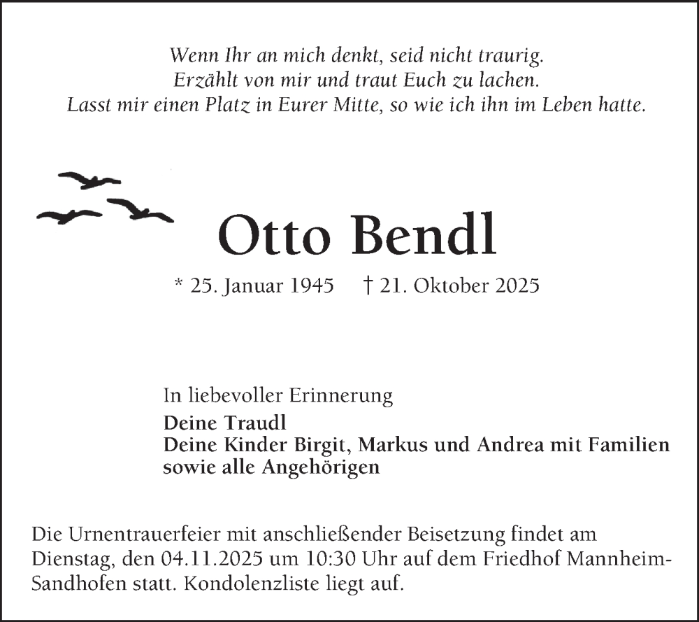  Traueranzeige für Otto Bendl vom 31.10.2025 aus Mannheimer Morgen