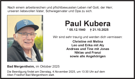 Traueranzeige von Paul Kubera von Fränkische Nachrichten