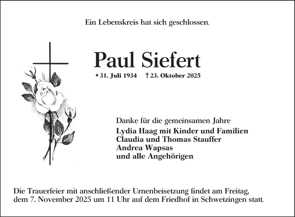  Traueranzeige für Paul Siefert vom 31.10.2025 aus Schwetzinger Zeitung