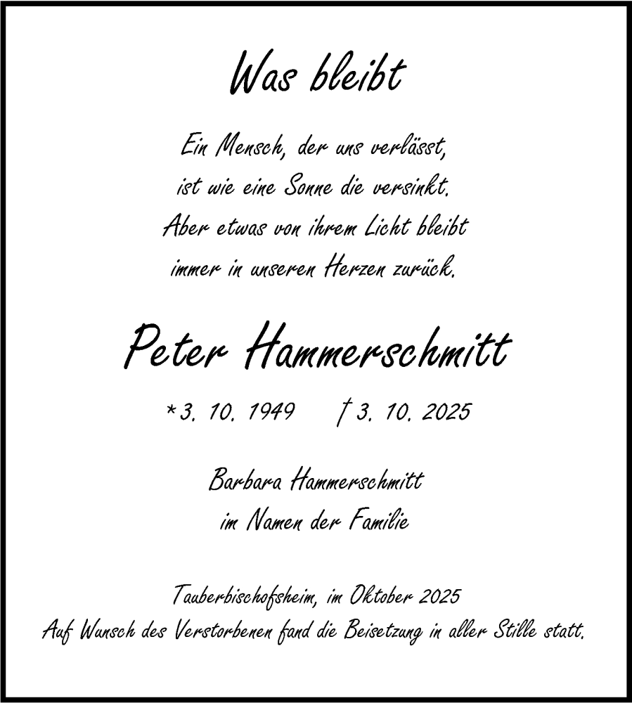  Traueranzeige für Peter Hammerschmitt vom 20.10.2025 aus Fränkische Nachrichten