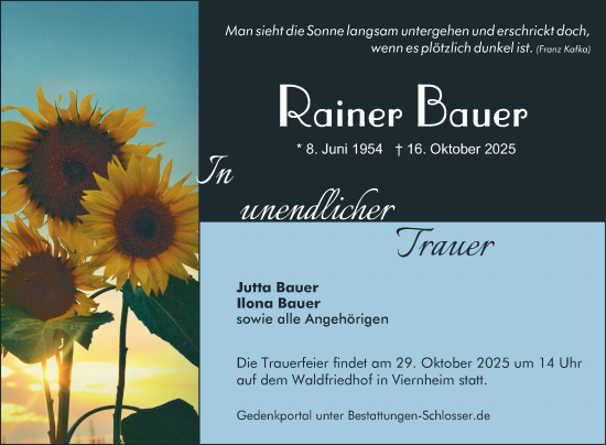 Traueranzeige von Rainer Bauer von Mannheimer Morgen