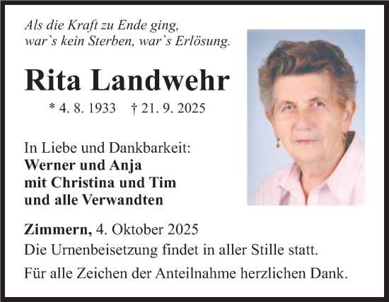 Traueranzeige von Rita Landwehr von Fränkische Nachrichten