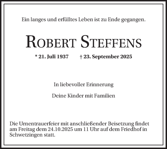 Traueranzeige von Robert Steffens von Schwetzinger Zeitung