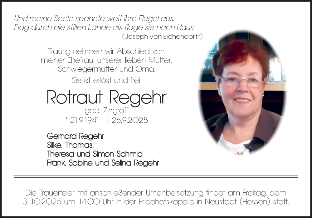  Traueranzeige für Rofraut Regehr vom 11.10.2025 aus Fränkische Nachrichten