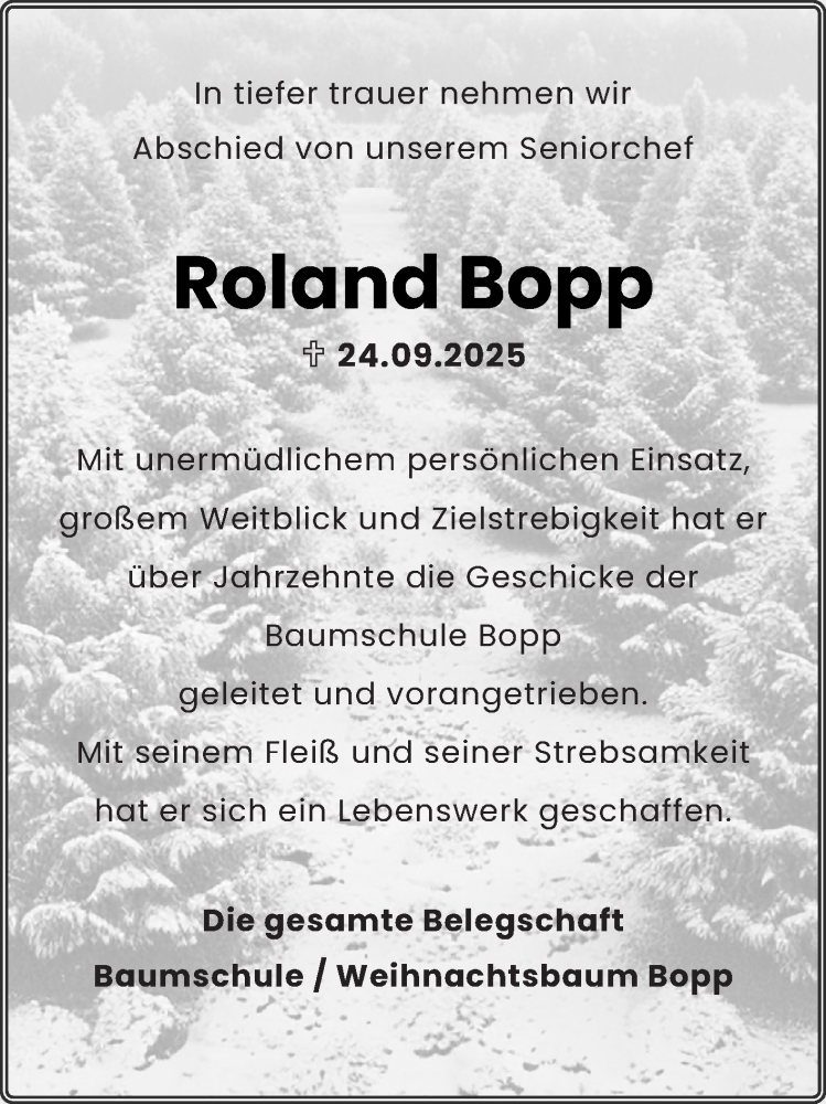  Traueranzeige für Roland Bopp vom 04.10.2025 aus Fränkische Nachrichten